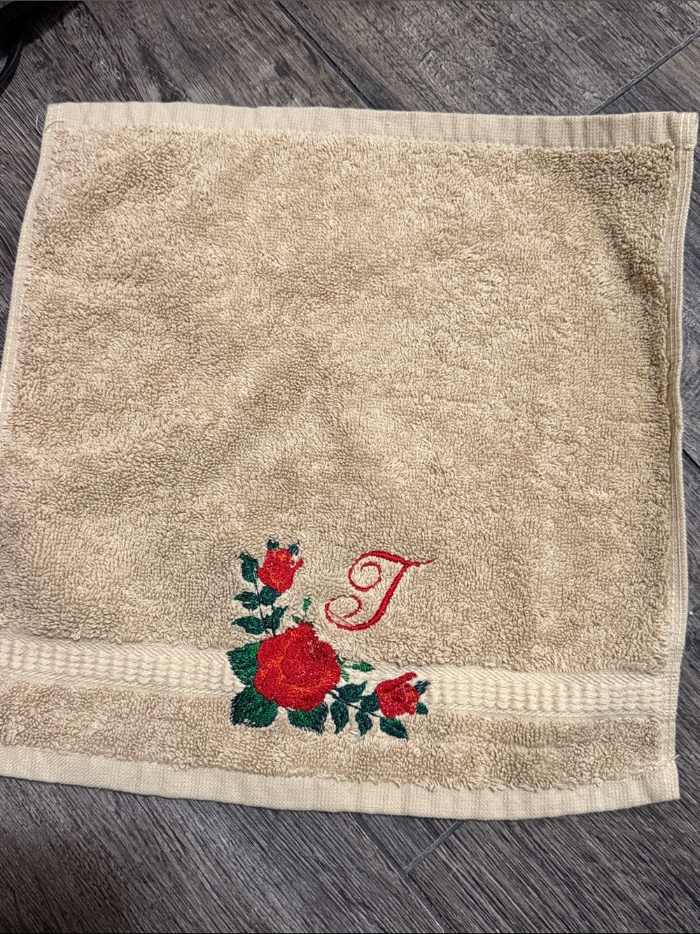 Beige Hand Towel with Red Rose Embroidery and Monogram
